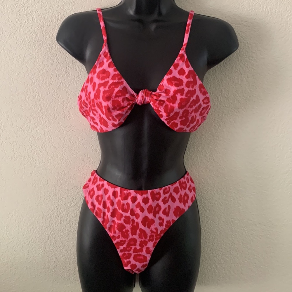 Romwe Bikini Size L Pink & Red Leopard Print Knot Front adjustable strap